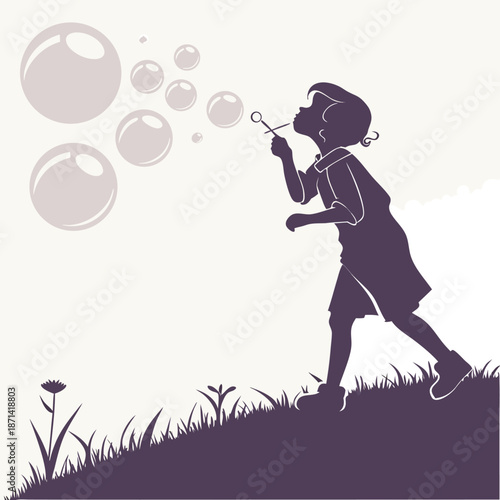 Silhouette of a child in happy motion, blowing a stream of shiny bubbles