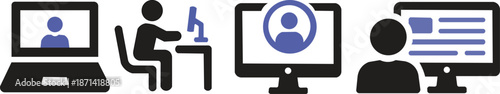 Remote Work and Online Education Icons Set Showing Laptop User, Virtual Meeting, Home Office, Digital Learning and Online Communication Concepts for Business, Training and Technology Projects