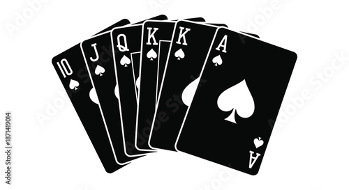 A striking black and white depiction of five playing cards arranged in a fan shape