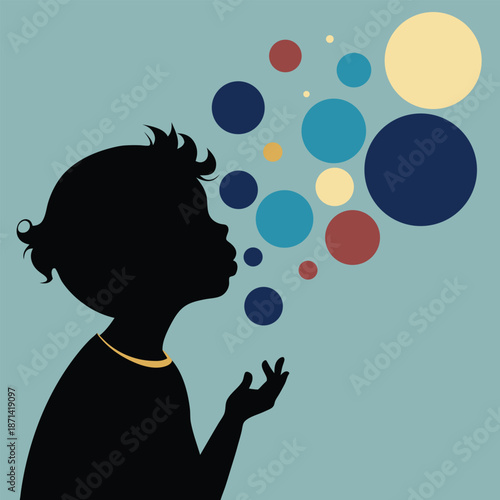 Charming silhouette of a child releasing colorful, round bubbles into the air, evoking feelings of freedom and playful imagination.
