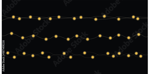 Christmas lights isolated. Glowing garlands on transparent dark background. Realistic luminous elements. Bright light bulbs for poster, card, brochure or web. Vector illustration