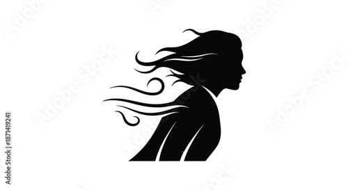 A striking silhouette of a woman with flowing hair depicted in a minimalist black design