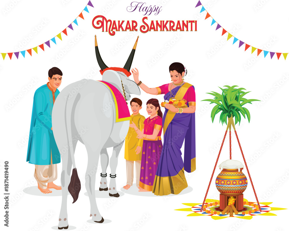 Naklejka premium Indian Family Celebrating Traditional Makar Sankranti Festival, farmers performing a pooja (worship) to their bulls is a key part of the Makar Sankranti, Pongal festival, Happy Pongal Harvest Festival