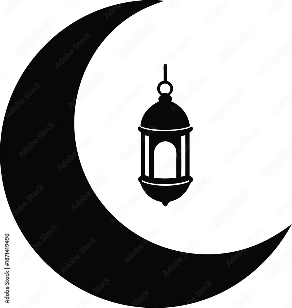 Fototapeta premium Crescent moon with lantern silhouette vector art illustration and minimal black and white design