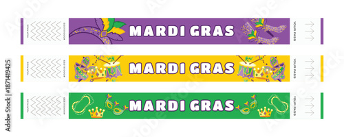 Mardi Gras Festival Wristband Set with Crowns, Carnival Masks, Feather Costumes, Confetti, Beads and Shoes