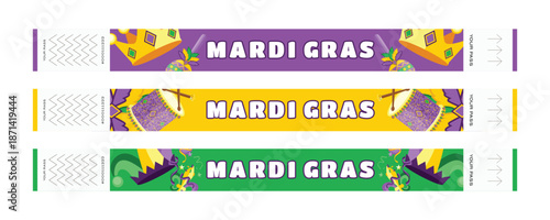Mardi Gras Carnival Wristband Set with Crowns, Feather Costumes, Jester Hats, Drums and Maracas