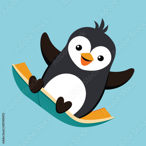 Silhouette of a content penguin sliding enthusiastically on its belly over smooth ice, symbolizing pure winter fun and delight.