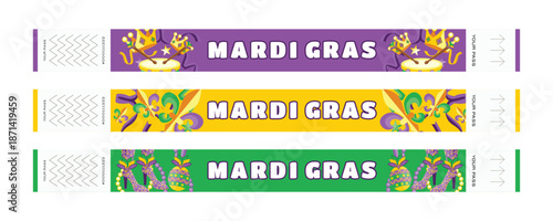 Mardi Gras Festival Wristband Set with Crowns, Carnival Costumes, Confetti, Beads, Jester Symbols, Shoes, Feathers and Maracas