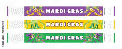 Mardi Gras Carnival Wristband Set for Festival and Party Entry with Crowns, Carnival Costumes, Confetti and Beads