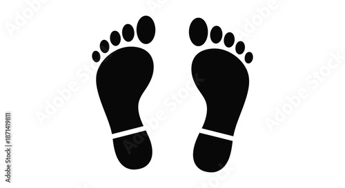 Simple black and white illustration depicting two human footprints facing opposite directions isolated on white