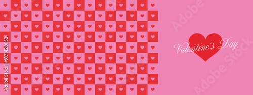 Valentine's Day banner with copy space, pink heart checkerboard, Y2K retro promotional background. Seamless pattern.