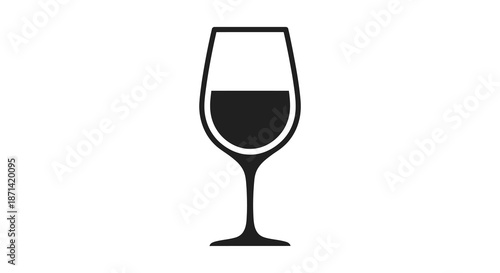 A simple black and white illustration depicting a wine glass partially filled with dark liquid