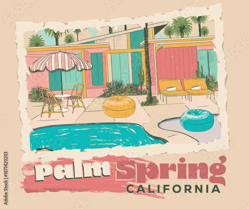 California retro resort artwork. Palm springs watercolor graphic print design for t shirt print, poster, sticker, background and other uses. Swimming pool colorful retro print artwork.