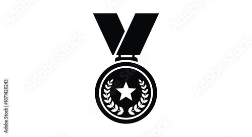 A simple black and white illustration of a medal with a star inside a wreath