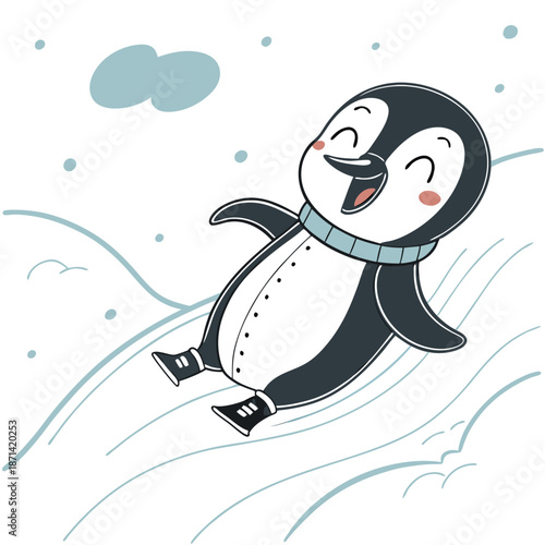 Simple silhouette of a penguin sliding on its belly down a gentle snowy incline, symbolizing carefree winter play and motion.