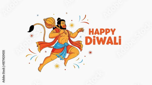 Happy Diwali Greeting with Lord Hanuman Illustration for Hindu Festival