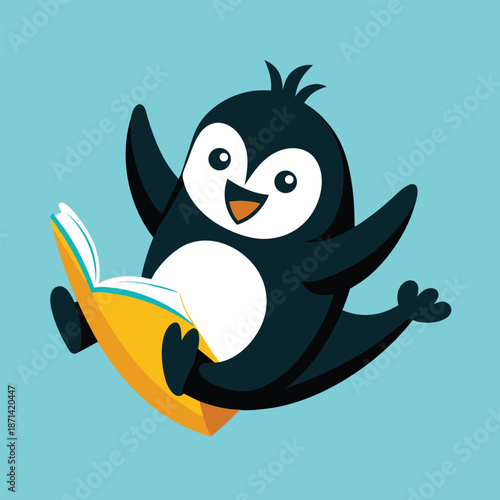 Happy black silhouette of a penguin sliding on its belly, cheerful winter fun and movement, vector illustration.