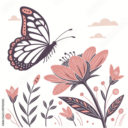 Elegant silhouette of a butterfly with intricate patterned wings resting, delicate insect art, vector illustration.