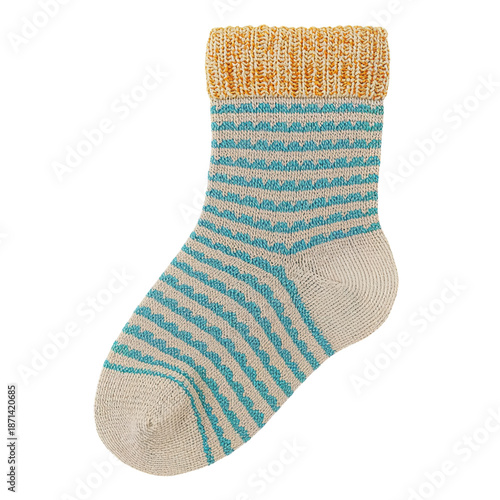 Soft Striped Sock With Yellow Cuff and Blue and Cream Pattern for Children in...