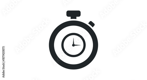 A simple black and white graphic depicting a stopwatch or timer icon with a circular design