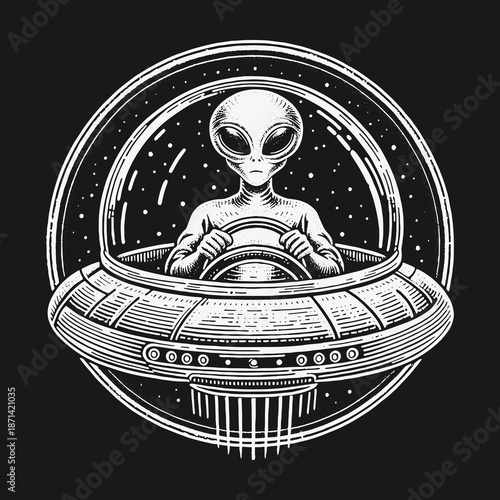 Alien Piloting Spaceship Through Starry Cosmos Illustration.
