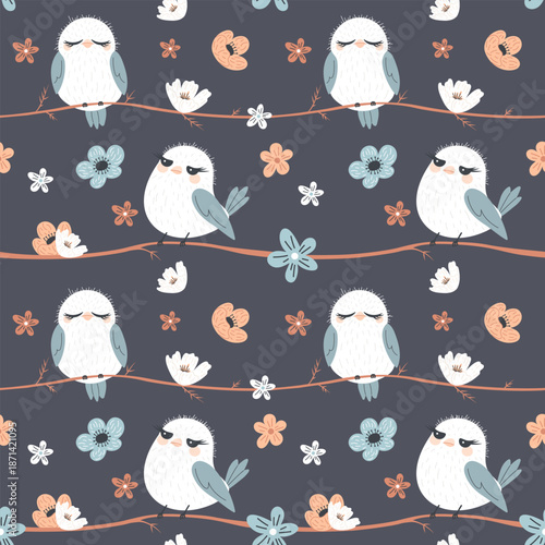 Seamless pattern featuring spring flowers and cute, comical birds on a dark gray background. Perfect for textile design or wrapping paper. Vector illustration.