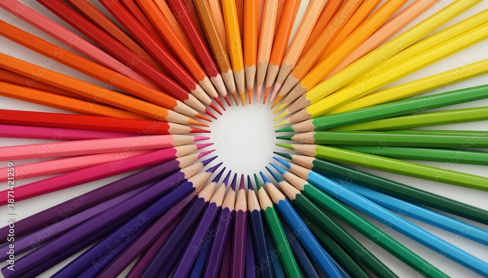 Fototapeta premium Vibrant colored pencils arranged in a circular pattern on a white surface display