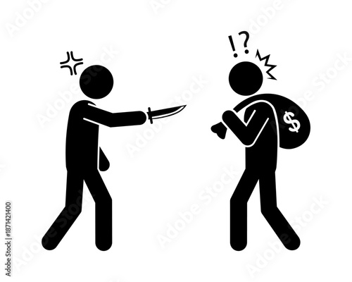 Stickman Mugging Silhouette, Armed Robber Threatening Victim with Knife for Money Bag Vector Illustration.