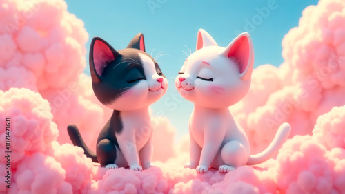A pair of cats in love are sitting on clouds and looking at each other. The concept of love. A Valentine's day card. Loving pets. Fall in love. Red heart as a love symbol. Art in blue and pink colors.