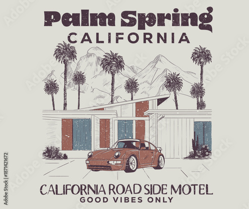 California road trip design. America vintage resort artwork. Palm springs watercolor graphic print design for t shirt print, poster, sticker, background and other uses.