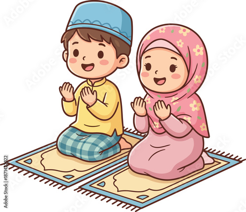 Cute Muslim Children Boy and Girl Praying Together Vector Cartoon