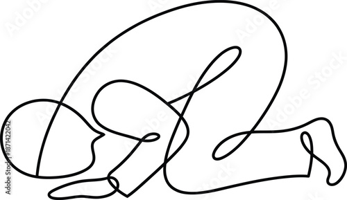 Continuous Line Art of Muslim Man in Sujud Prostration