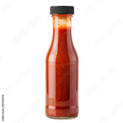 Bottle of Red Sauce Placed on a Plain Background for Display or Use at a Meal...