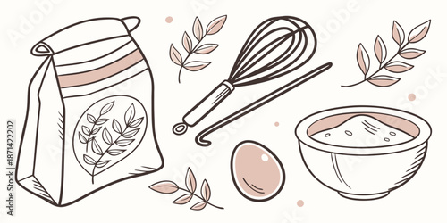 Collection of charming hand drawn baking ingredients and tools including a flour bag whisk egg and mixing bowl ready for culinary creation