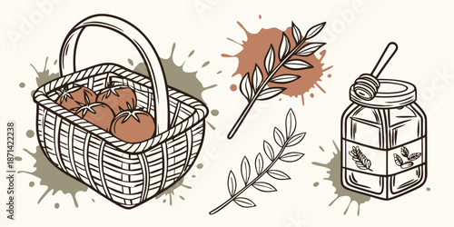 Rustic hand drawn illustration featuring a woven basket filled with ripe tomatoes alongside a jar of golden honey and delicate olive branches symbolizing harvest bounty.