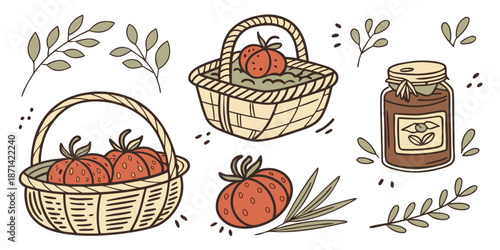 Charming hand drawn illustration featuring several woven baskets filled with ripe red strawberries alongside a jar of homemade preserves and scattered botanical leaves.