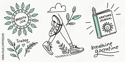 Whimsical collection of hand drawn elements representing mindfulness walking nature connection and journaling for mental wellness activities