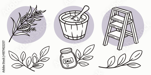 Collection of black and white line art icons illustrating sauna spa relaxation elements including herbs a wooden bucket a step ladder and salt jar