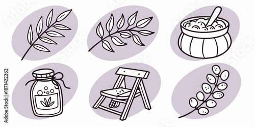 Collection of hand drawn botanical and rustic elements including leaves branches jar herbs and a small folding chair design assets