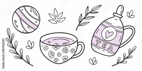 Cute hand drawn collection of tea party elements featuring a floral teacup, a decorative thermos flask, and botanical leaf accents perfect for cozy moments.