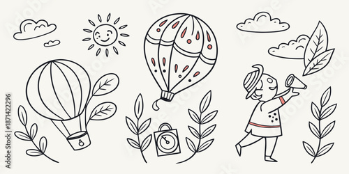 Whimsical hand drawn travel adventure elements featuring hot air balloons smiling sun clouds leaves a little explorer with a telescope and luggage icons for journey concepts
