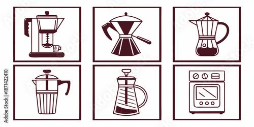 Collection of six stylized dark brown beverage preparation icons featuring various coffee makers like moka pots and French presses alongside a small appliance illustration