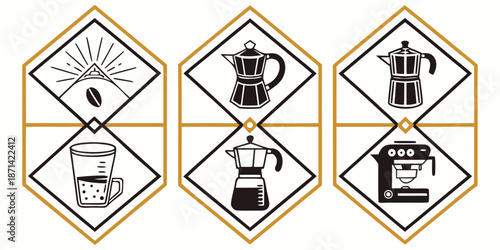 Collection of stylized black and gold line art icons showcasing various coffee brewing methods and finished beverages for cafe branding.