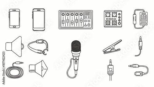 Vector line icons of professional audio recording equipment, mobile phones, mixers, microphones, and cables for sound production, podcasting, and media.