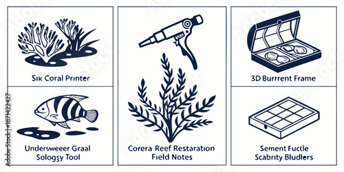 Collection of stylized icons representing various tools and elements for coral reef restoration and marine biology research purposes