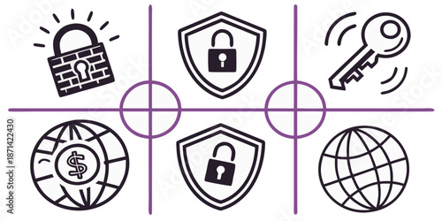 Digital security concept illustrated by a tic-tac-toe grid featuring icons representing global finance online protection encryption and access keys