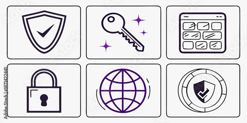A collection of six distinct digital security and internet access icons featuring shields locks keys and global network representations for concepts like privacy and authentication