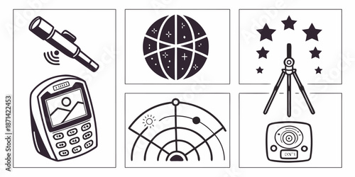 Collection of stylized black and white icons representing astronomical observation tools navigation and celestial mapping for science or exploration projects