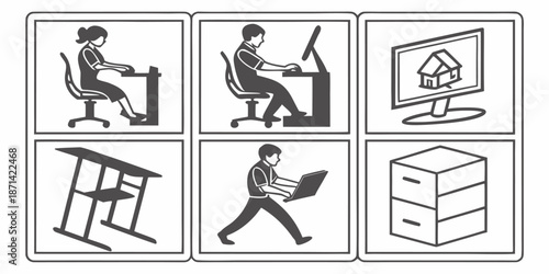 Collection of simple black and white icons representing various office work elements including personnel equipment storage and electronic devices for design projects