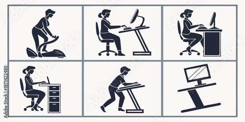 Collection of ergonomic workplace icons illustrating various active sitting standing and treadmill desk setups for better health